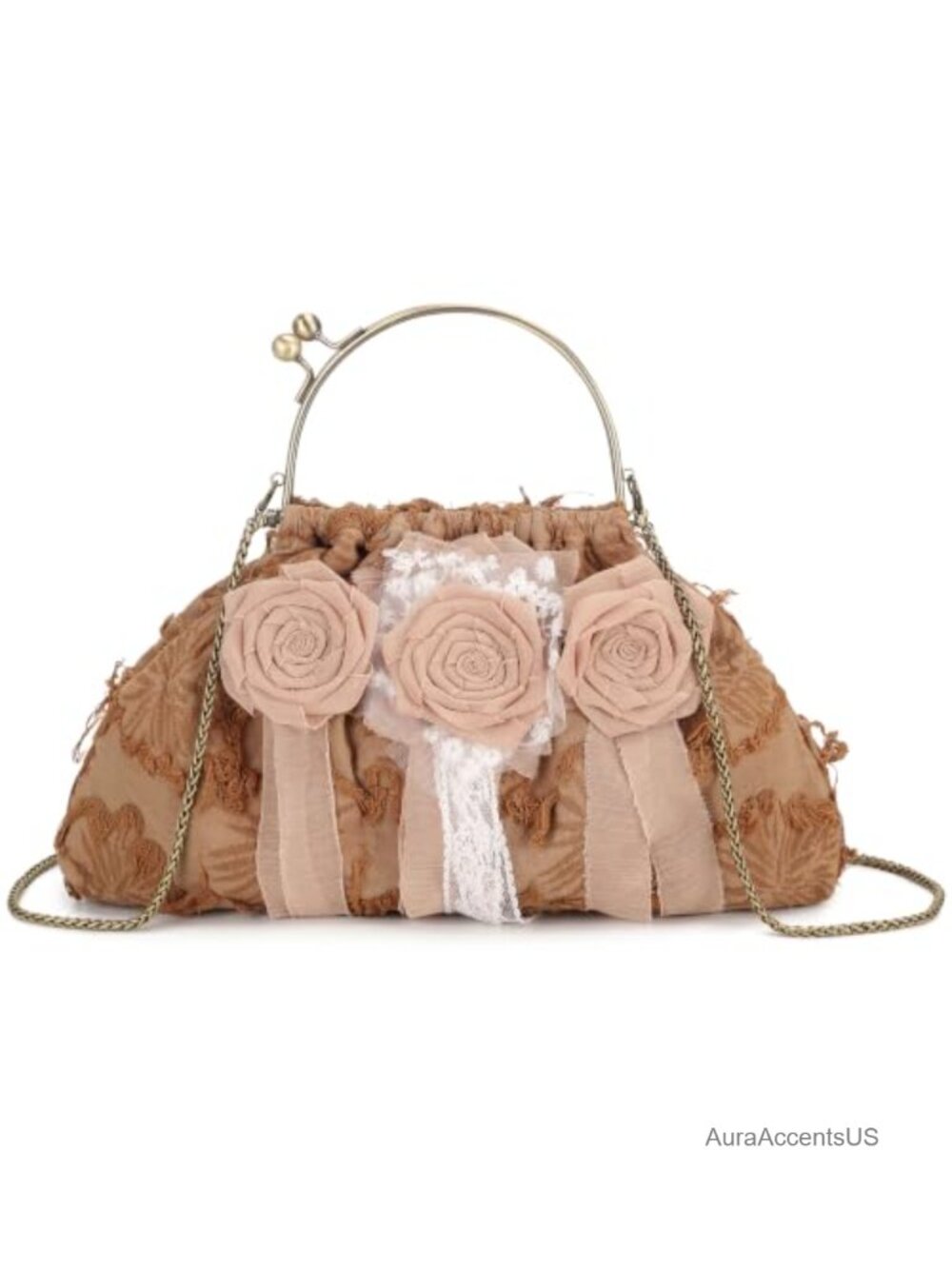 Boho Clutch Purse Women Vintage Floral Kiss-Lock Crossbody Handbag Detachable